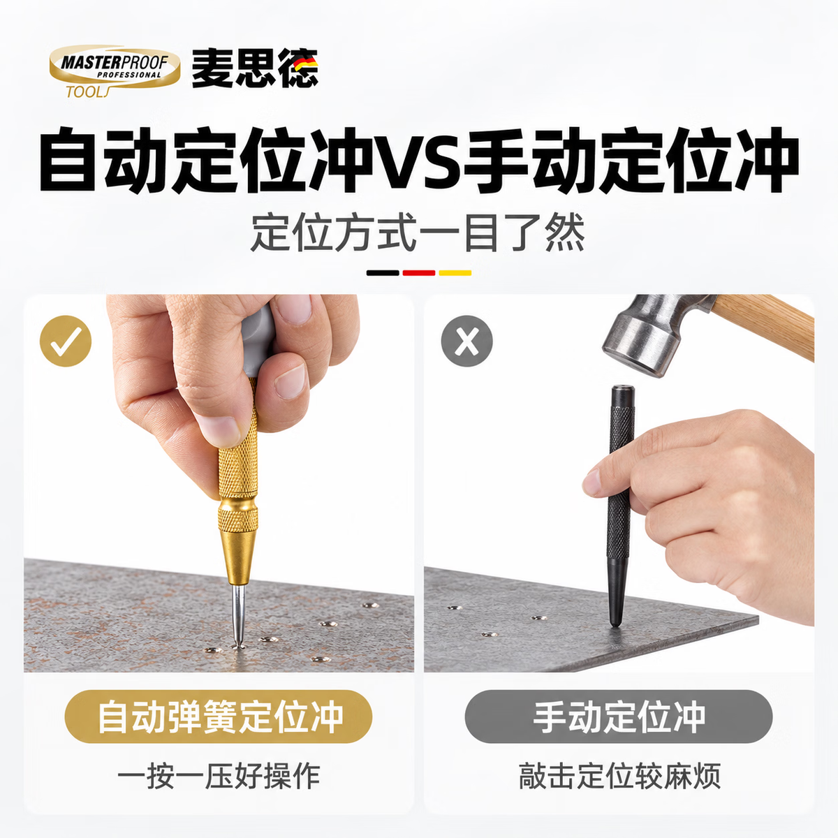MASTERPROOF Automatic Positioning Punch Drill Bit Hole Drilling Center Pointer Stainless Steel Punch Spring Punch Metal Drilling Aid