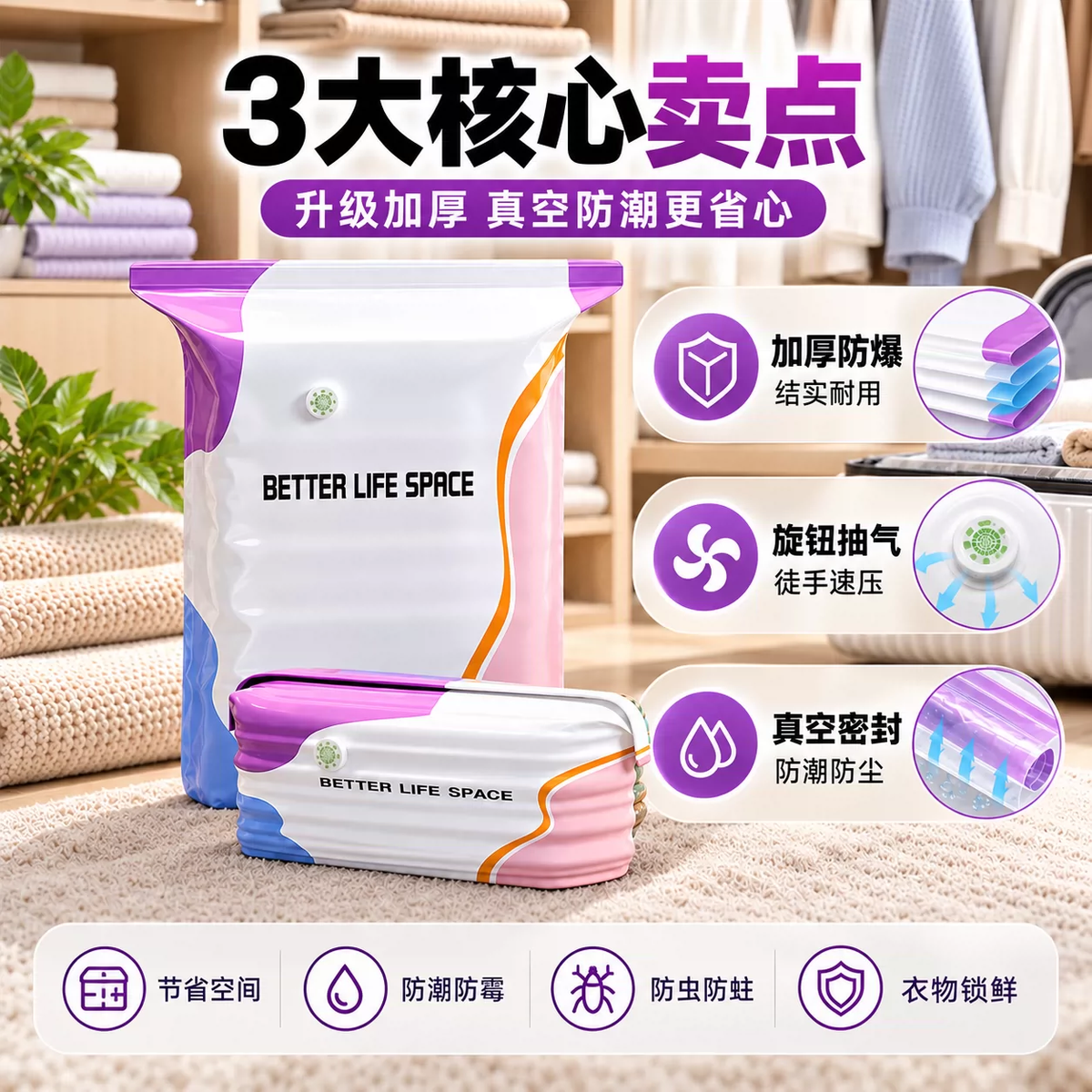 TIMUS sealed vacuum compression bags, storage bags for quilts and clothes, air-absorbing bags for cotton quilts and down jackets, medium size, 70x50x30cm - 1 piece