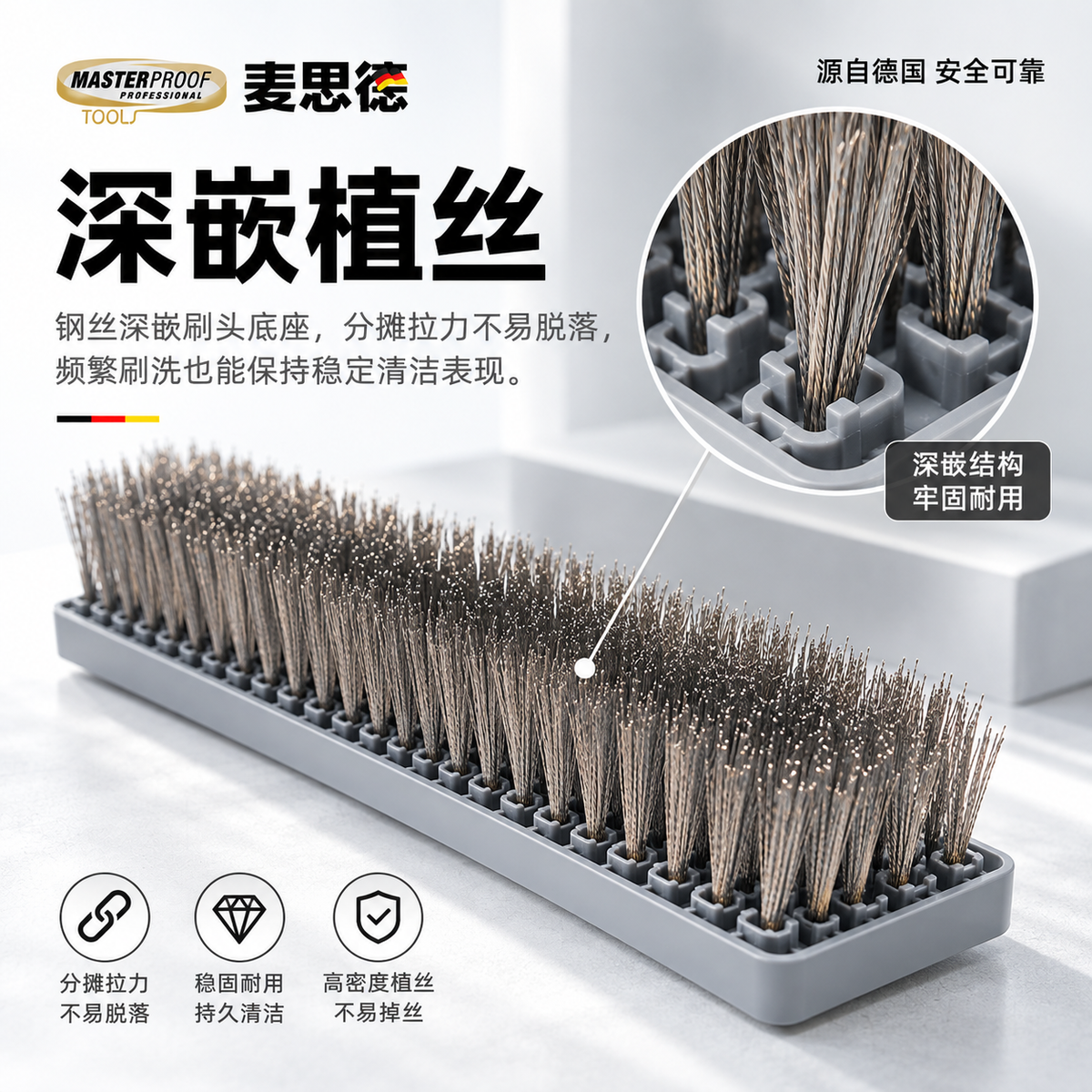 MASTERPROOF wire brush, long-handled, floor and patio cleaning tool, moss brush, stainless steel wire brush, stiff bristles, stain and rust removal.