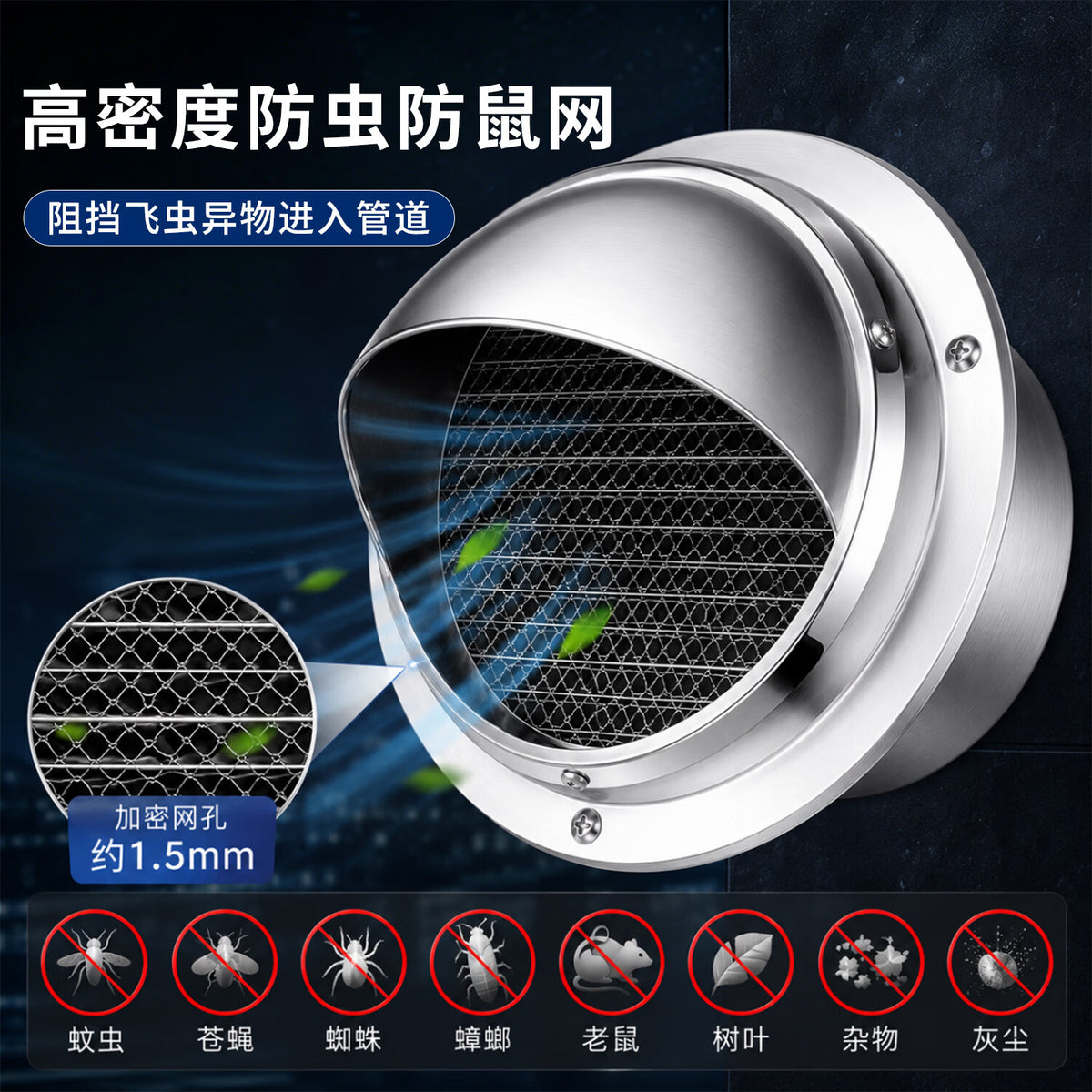 Bohuida stainless steel vent cap for exterior wall air outlets, windproof cover for range hoods, ventilation pipes, and rainproof mesh cover for bathroom exhaust vents.