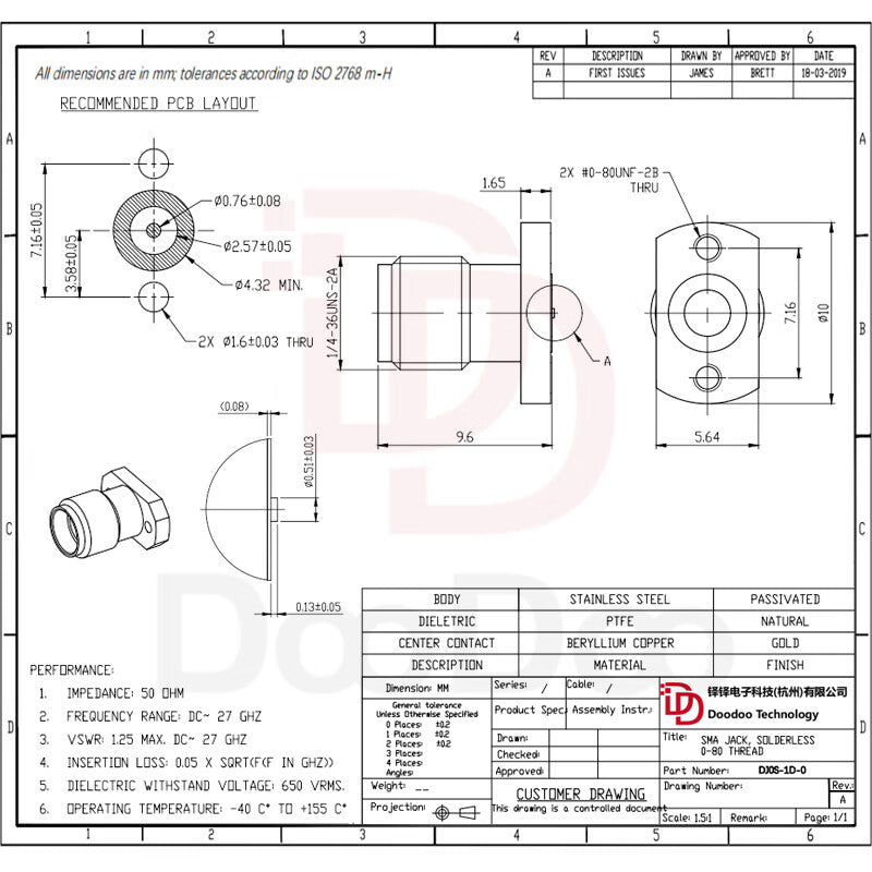 Duoduo Technology SMA Female Strip Line Vertical Solderless Test Connector DC-26.5G DJ0S-1D-0 1 piece