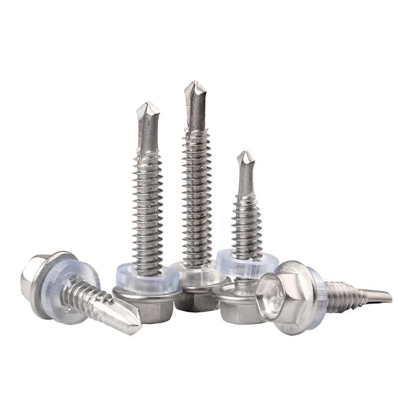 Bocai Hexagonal Flange Self-Drilling Self-Tapping Screws, Stainless Steel External Hexagonal Head Drill-and-Self Screws, Color Steel Roofing Dovetail Screws, M5.5x25 (100 pieces/pack), 410 with rubber washer.