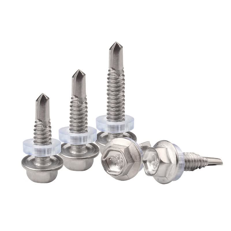 Bocai Hexagonal Flange Self-Drilling Self-Tapping Screws, Stainless Steel External Hexagonal Head Drill-and-Self Screws, Color Steel Roofing Dovetail Screws, M5.5x25 (100 pieces/pack), 410 with rubber washer.