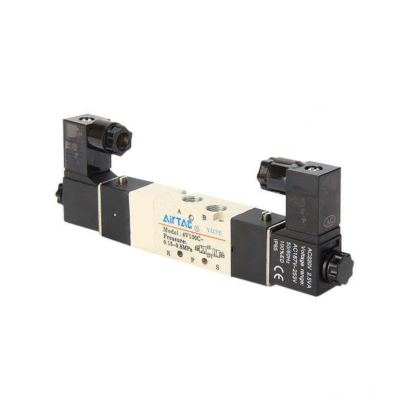 AirTAC internal pilot solenoid valve, 3-position 5-way center-sealed, double solenoid, DIN socket; 4V130CM5A