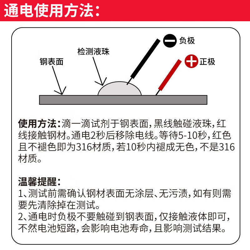 Initial processing of stainless steel identification solution, 316 stainless steel testing solution, M2 molybdenum identification reagent, 316 testing solution + battery + wires.