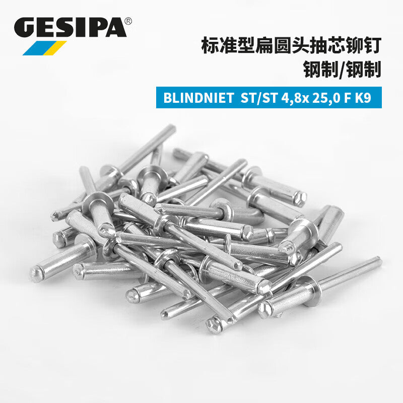 GESIPA 1454612 Standard Flat Round Head Blind Rivet, Steel, 4.8x25.0 F K9, 250 pieces/box