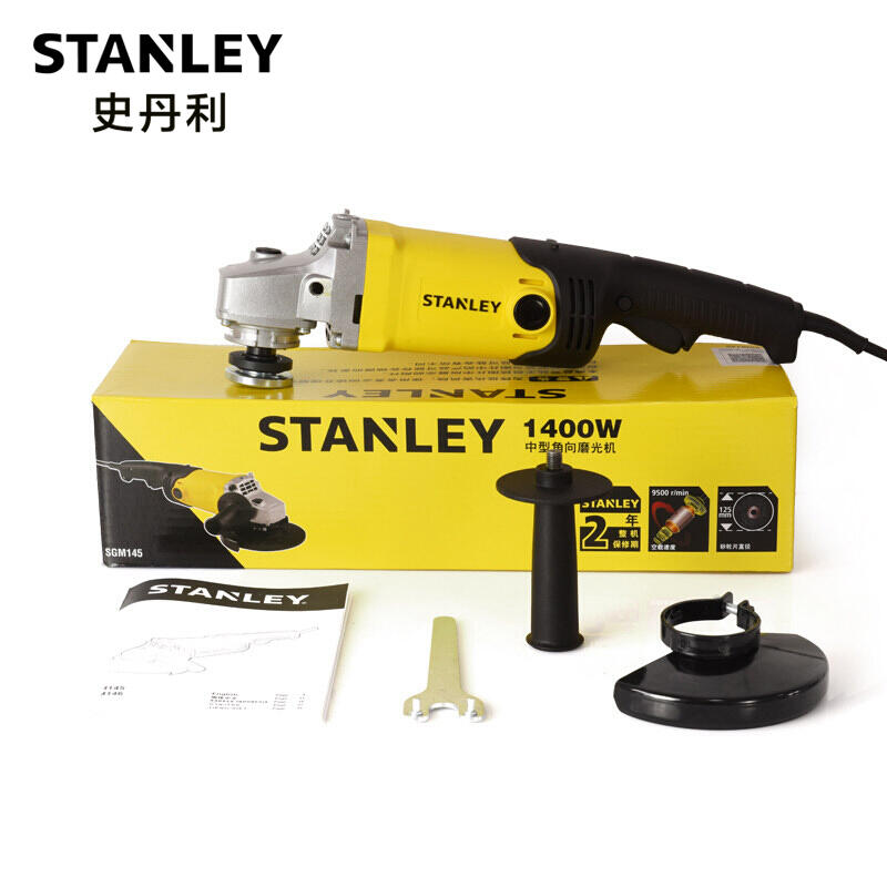 Stanley 1400W Angle Grinder, powerful for heavy-duty tasks. Features 125mm diameter and 22.1 lbs weight. Designed for industrial use, perfect for cutting through tough materials. Model SGM145