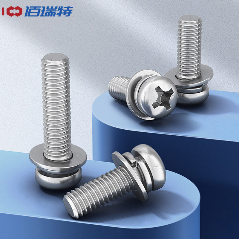 Bairuite 304 Stainless Steel Phillips Head Round Head Combination Screw, Umbrella Head Screw, Spring Washer Flat Washer Set Bolt M5*14 (5 pieces)