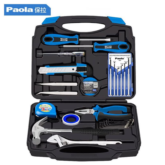 Paola 26-piece tool kit, including wire cutters, hammer, hex screwdriver, and repair kit 8001.