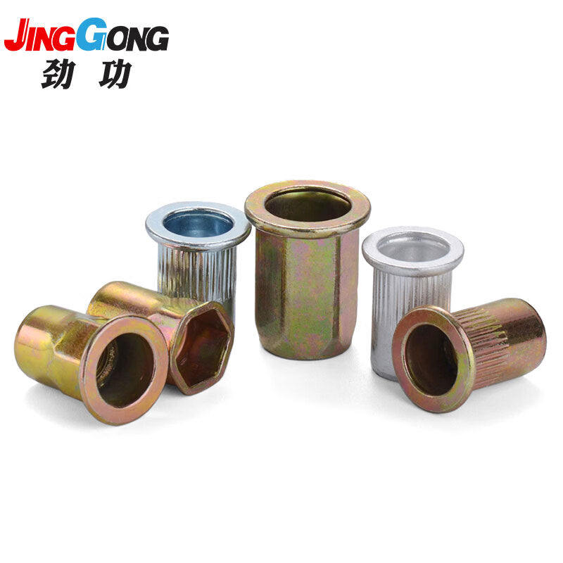 JINGGONG hexagonal rivet nuts, rivet nuts, flat head blue-white zinc M6 (100 pieces)
