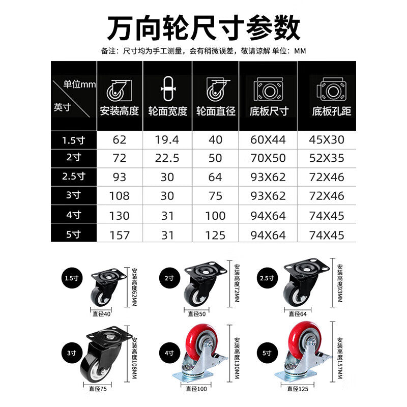 1.5-inch universal caster wheels (4-pack) - Carbon steel, swivel steering handcarts, flatbed carts, furniture casters.
