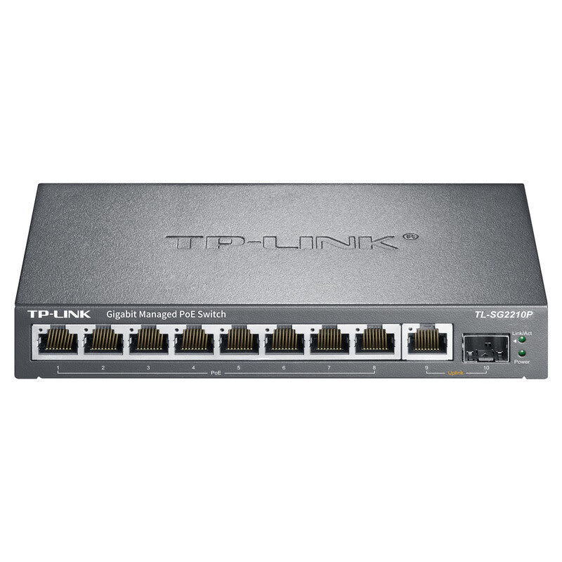 TP-LINK Industrial Ethernet PoE switch cloud management; TL-SG2210P industrial grade, 8 Gigabit PoE network ports, 2 Gigabit SFP optical ports; industrial grade, operating temperature -40°C-75°C