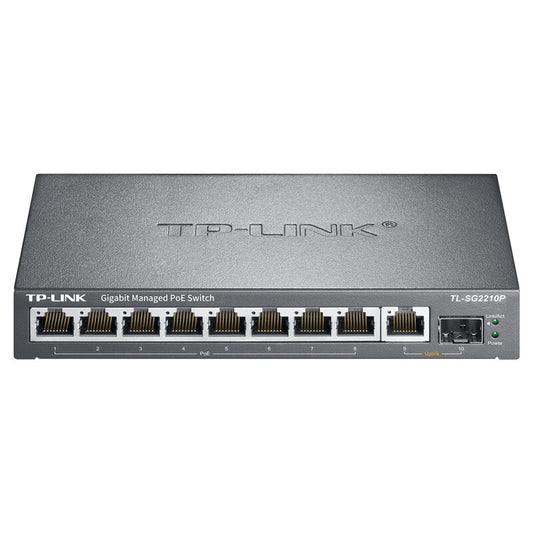 TP-LINK Industrial Ethernet PoE switch cloud management; TL-SG2210P industrial grade, 8 Gigabit PoE network ports, 2 Gigabit SFP optical ports; industrial grade, operating temperature -40°C-75°C
