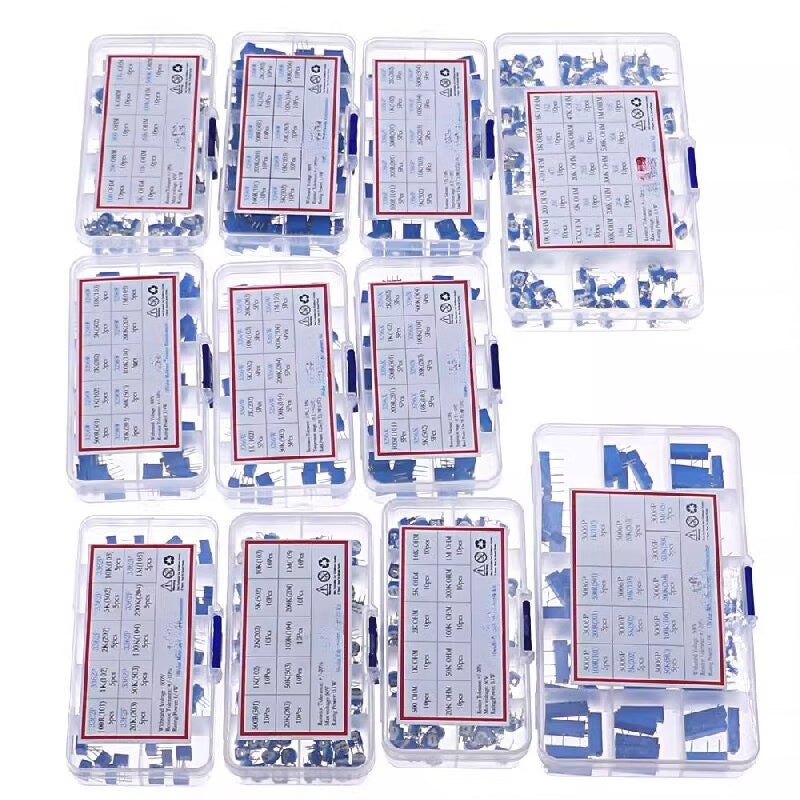 Gangwo (13 types of 3006P (100R~1M) 65 pieces) Commonly Used Adjustable Potentiometers Package: Through-hole Horizontal Micro-adjustable Variable Blue and White Resistors, Boxed Unit: Piece