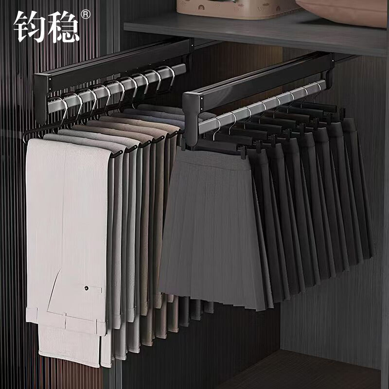 Junwen trouser rack pull-out telescopic rack top-mounted trouser drawer wardrobe trouser rack sliding rail clothes hanging rod multi-functional storage rack black 35cm