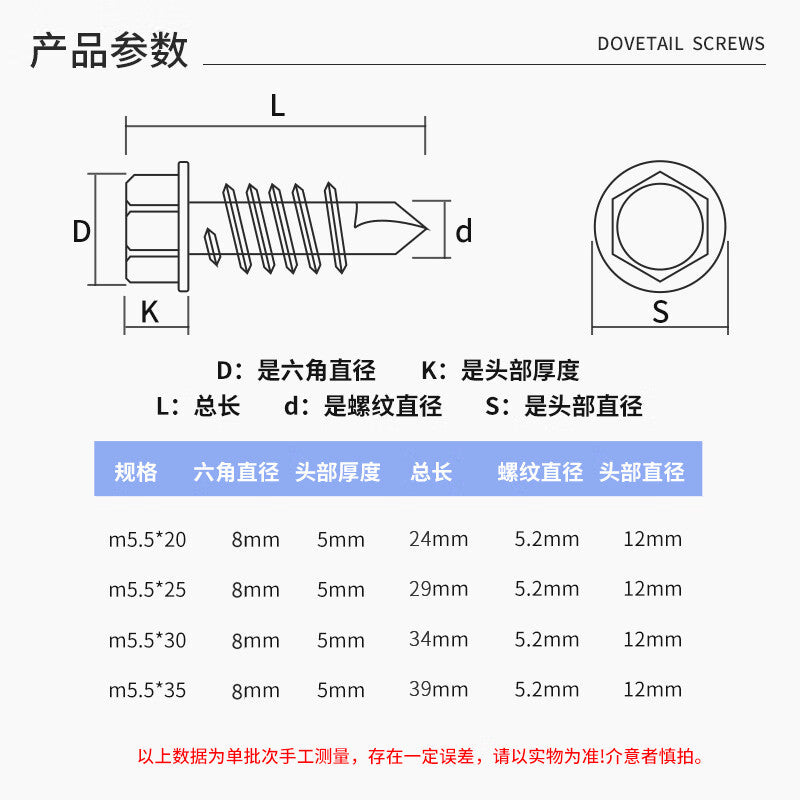 Platinum Body Color Zinc Hex Self-Tapping Screws, Nails, Washers, Screws, Dovetail Screws, M5.5*25/200 Pieces
