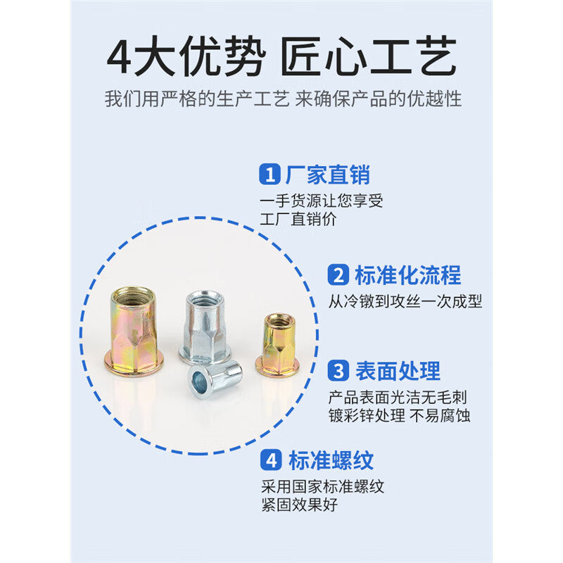XUTE M8-Flat Head Blue and White Zinc 100 Pieces Rivet Nuts, Flat Head Semi-Hexagonal Rivet Nuts, Manual Rivet Gun, Simple Rivet Tool Gun, Simple Rivet Tool