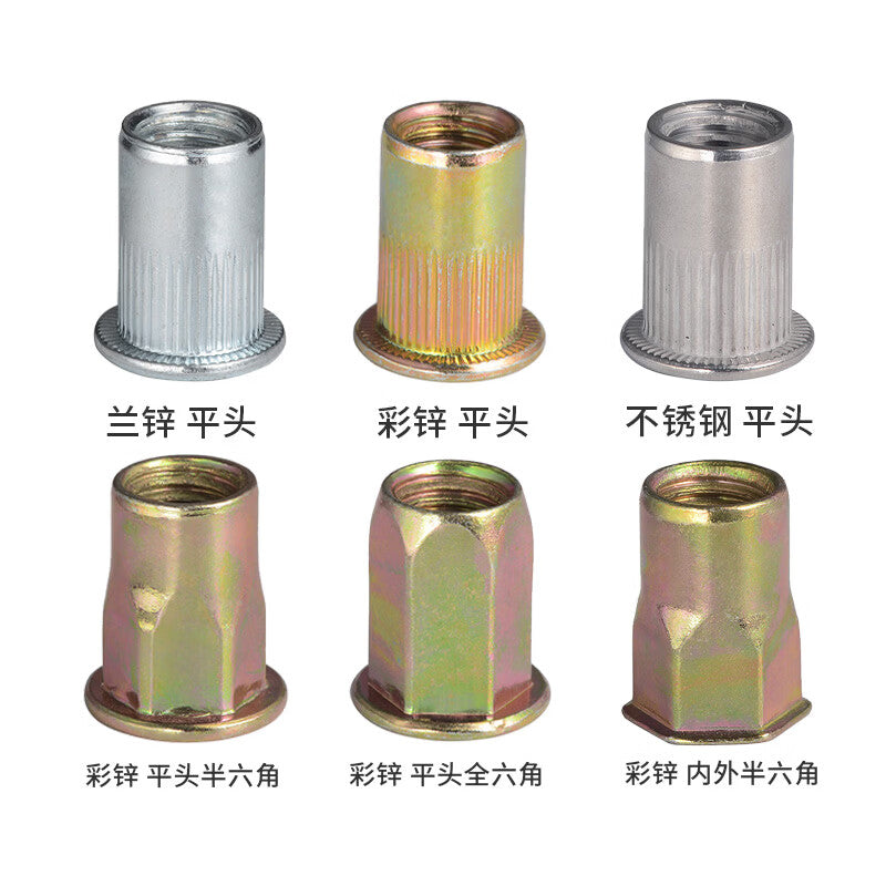 JINGGONG hexagonal rivet nuts, rivet nuts, flat head blue-white zinc M6 (100 pieces)