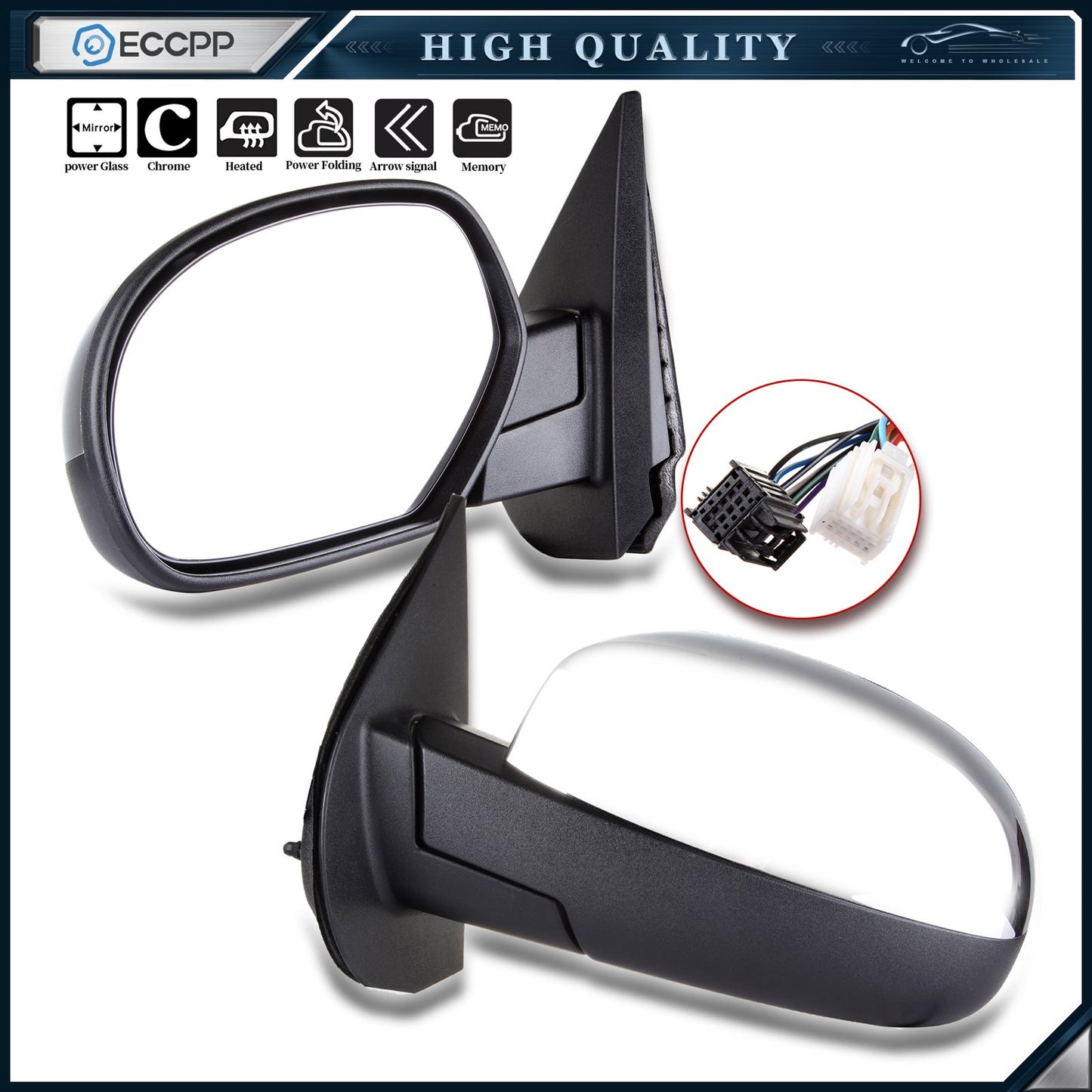 Pair Chrome Mirrors For 2007-2014 Chevy GMC Power Fold Heated Memory Signal