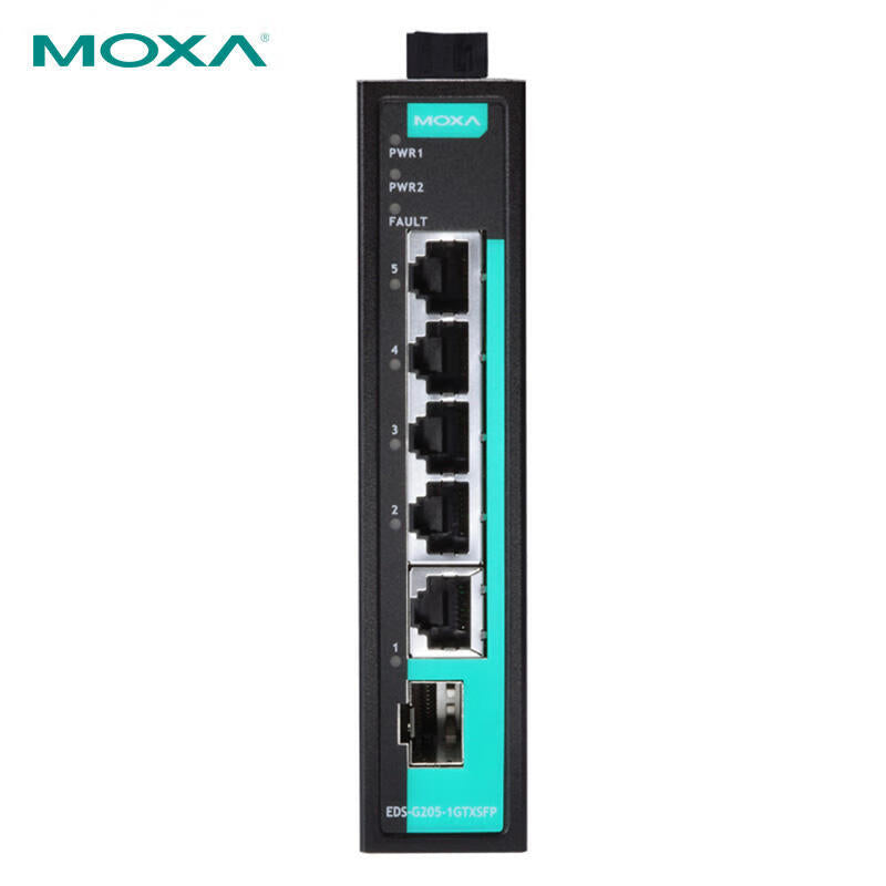 Moxa 5-port full Gigabit unmanaged industrial Ethernet switch includes a combo port; EDS-G205-1GTXSFP