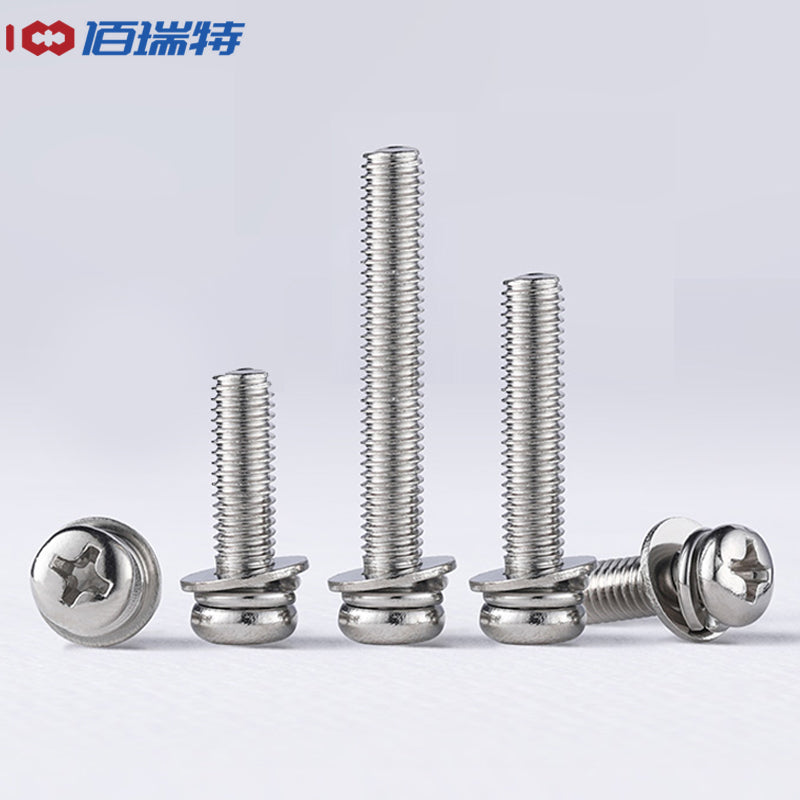 Bairuite 304 Stainless Steel Phillips Head Round Head Combination Screw, Umbrella Head Screw, Spring Washer Flat Washer Set Bolt M5*14 (5 pieces)