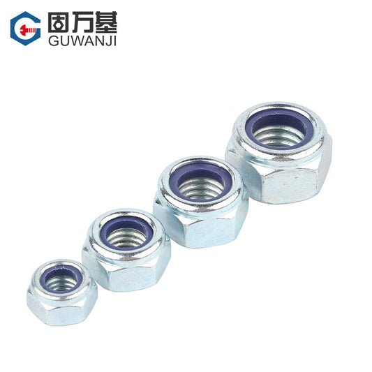 Guwanji GB/T 889 Non-metallic Insert Hexagonal Locking Nut, Grade 8.8 Blue-White Zinc Plated Hexagonal Anti-loosening Nut, Locking Thread Nut, Self-locking Anti-slip Nut, M6 [100 pieces]