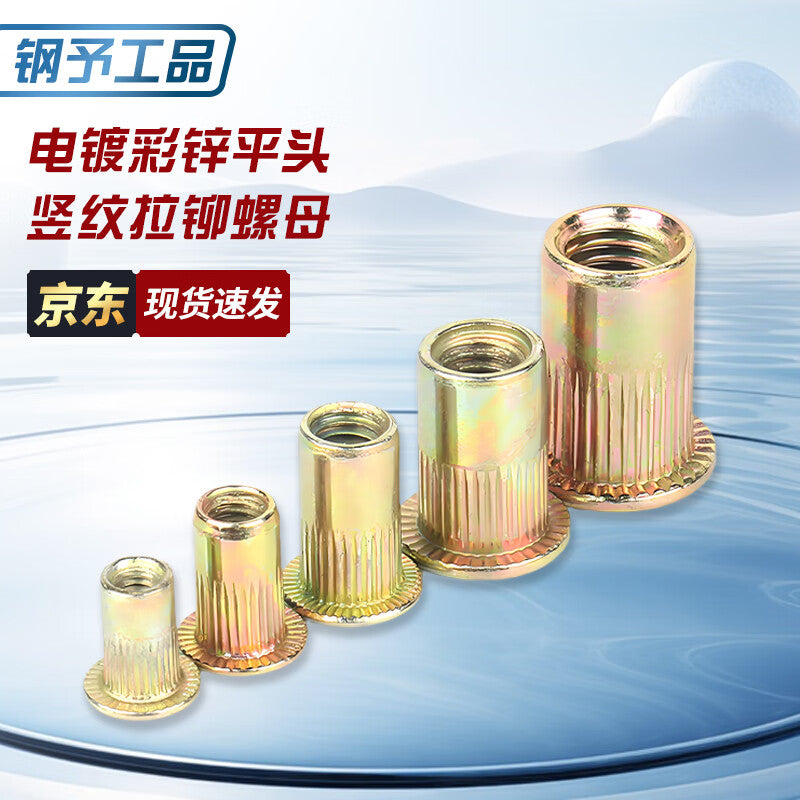 Steel Precast Products, Color Zinc Plated Flat Head Vertical Knit Rivet Nut, National Standard Quality Rivet Nut, Column Knit Rivet Nut, Vertical Knurled Rivet Nut, [Beijing Supply] M6 (100 pieces per pack)