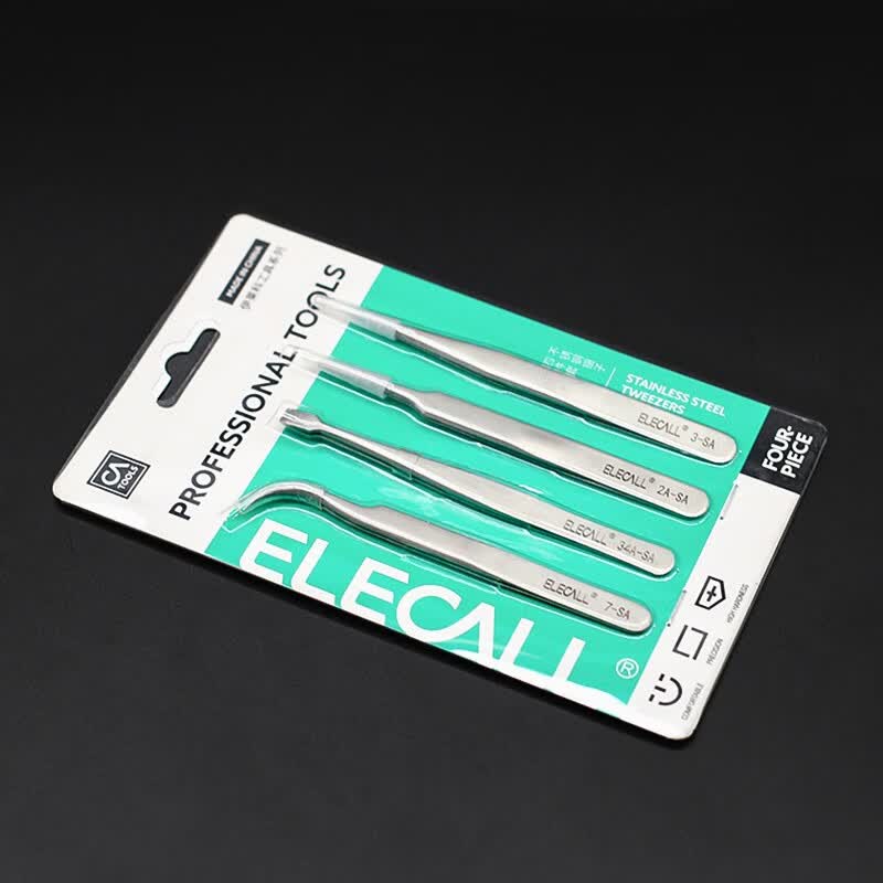 ELECALL Stainless Steel Tweezers 4-Piece Set, Pointed/Curved Tip, Long Handle, Repair and Welding Fixture, Bird's Nest Picking Tool, SA for Home and Industrial Use