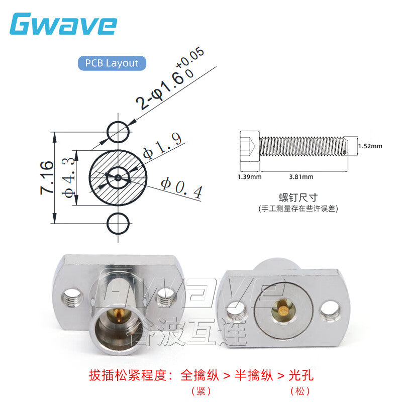 Gwave GPO (SMP) Male Vertical Solderless Connector, Dual-Hole Flange, 7.16mm Hole Pitch, Lower Layer Trace Wiring, 40G Semi-Escapement GPO-JFD216-1