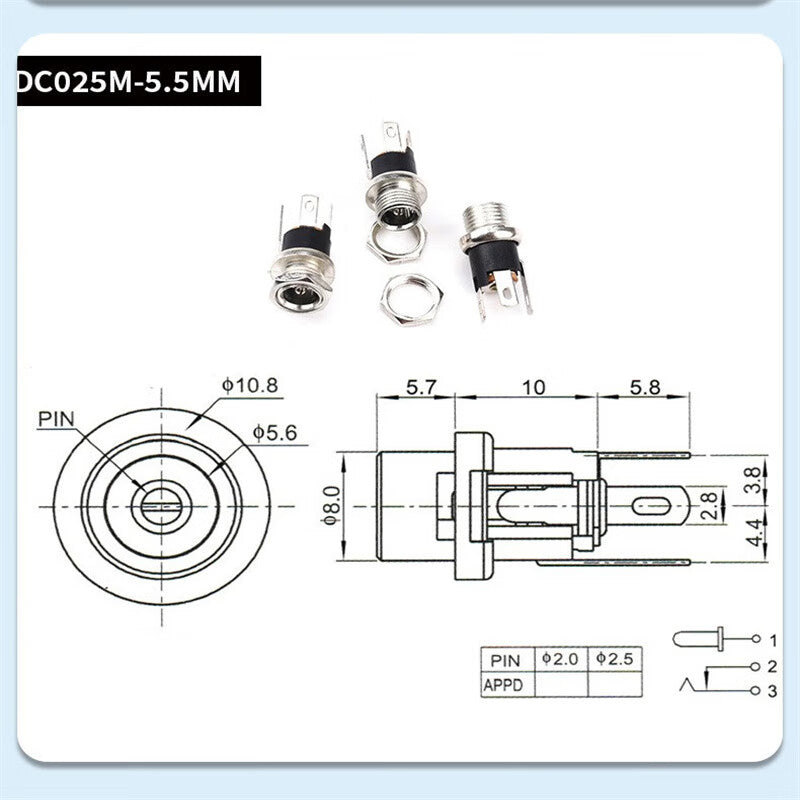 Ouhuayuan Multi-Specification DC Power Plugs and Sockets 002/005 3.5-1.1mm 5.5-2.1mm DC 10pcs DC-022 5.5*2.1mm