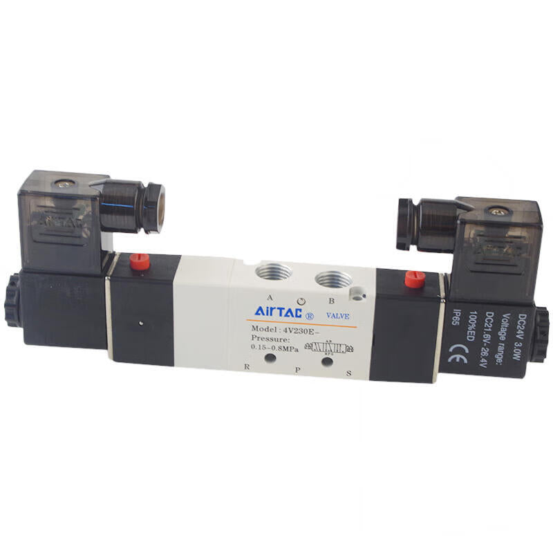 AirTAC internal pilot solenoid valve, 3-position 5-way center-through, dual solenoid, DIN socket; 4V230E06B