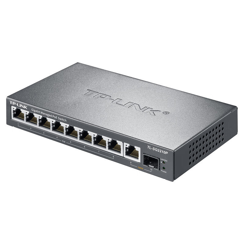 TP-LINK Industrial Ethernet PoE switch cloud management; TL-SG2210P industrial grade, 8 Gigabit PoE network ports, 2 Gigabit SFP optical ports; industrial grade, operating temperature -40°C-75°C