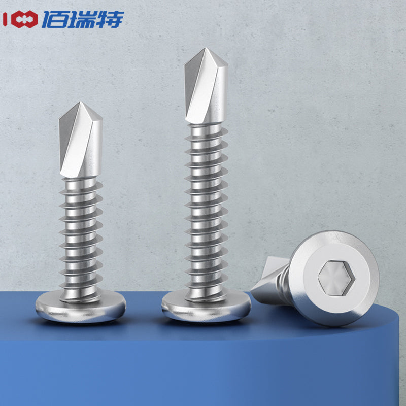 Bairuit 410 Stainless Steel Flat Head Hex Socket Head Screws with Drill-Off Self-Tapping function. These self-drilling dovetail screws are specifically designed for railings and are decorative beveled. Sizes M5.2, M6, M6.3*25 [40 pieces]