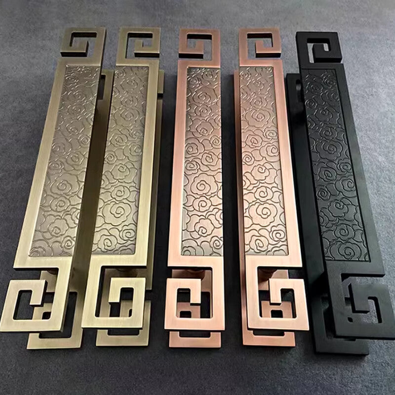 Deqi Antique Bronze Glass Door Handle, Chinese Auspicious Cloud Door Handle, Wooden Door Carved Pattern Handle, Style A - Fine Sand Black, Total Length 1500mm * Hole Spacing 1100mm