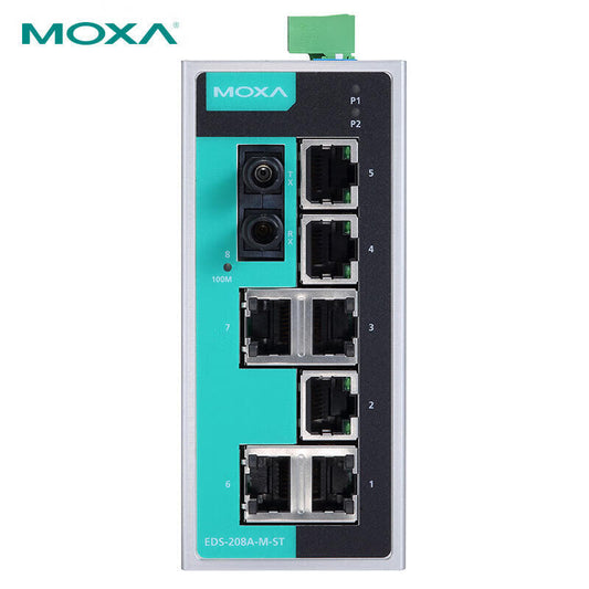 Moxa 8-port unmanaged 100M industrial Ethernet switch with one multimode optical port; EDS-208A-M-ST