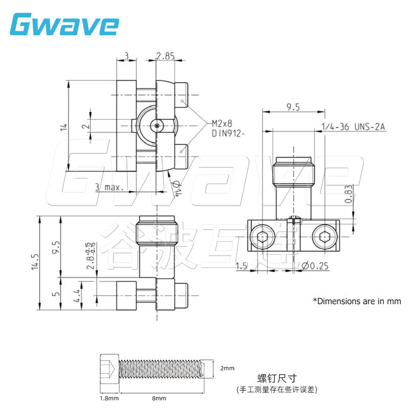 Gwave millimeter-wave RF two-hole flange connector with 9.5mm hole pitch, straight through to PCB board, DC-40G 2.92-KHD23 (1 piece)