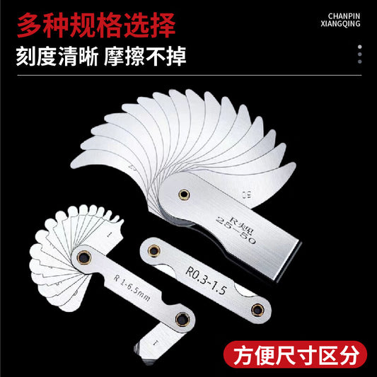 Mitz Radius Gauge, R Gauge Template, R Angle Gauge Template Ruler, Thread Pitch Gauge, Thread Fillet Radius Measuring Ruler, R0.3-100mm Six-Piece Set