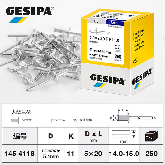 GESIPA 1454118 Standard Large Flange Blind Rivet 5.0x20.0 F K11.0 "CE" 250 pieces/box