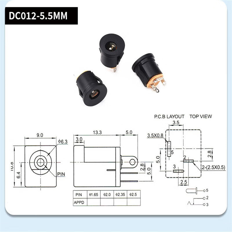 Ouhuayuan Multi-Specification DC Power Plugs and Sockets 002/005 3.5-1.1mm 5.5-2.1mm DC 10pcs DC-022 5.5*2.1mm
