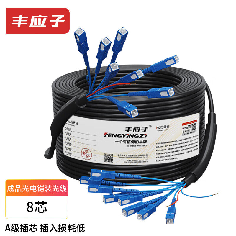 Fengyingzi Optoelectronic Composite Cable, Single-mode Armored Optical Cable with Integrated Power Supply, Finished Product, 8-core SC Fiber Optic Cable + 2-core 1.5mm Power Cable, 150 meters, FYZ-GYXTW-8B1-2*1.5mm.