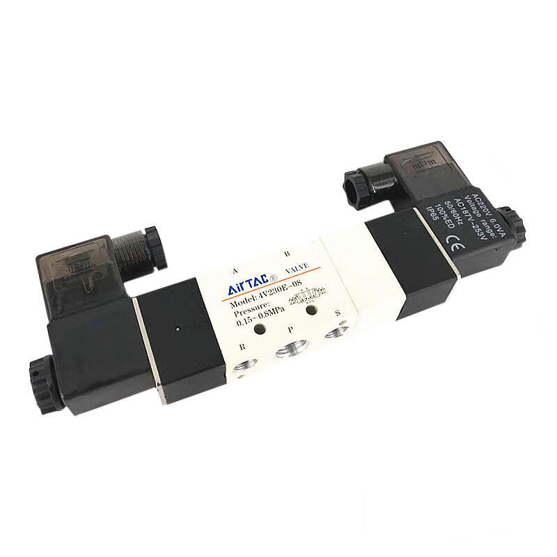 AirTAC internal pilot solenoid valve, 3-position 5-way center-through, double solenoid, DIN socket; 4V230E08C