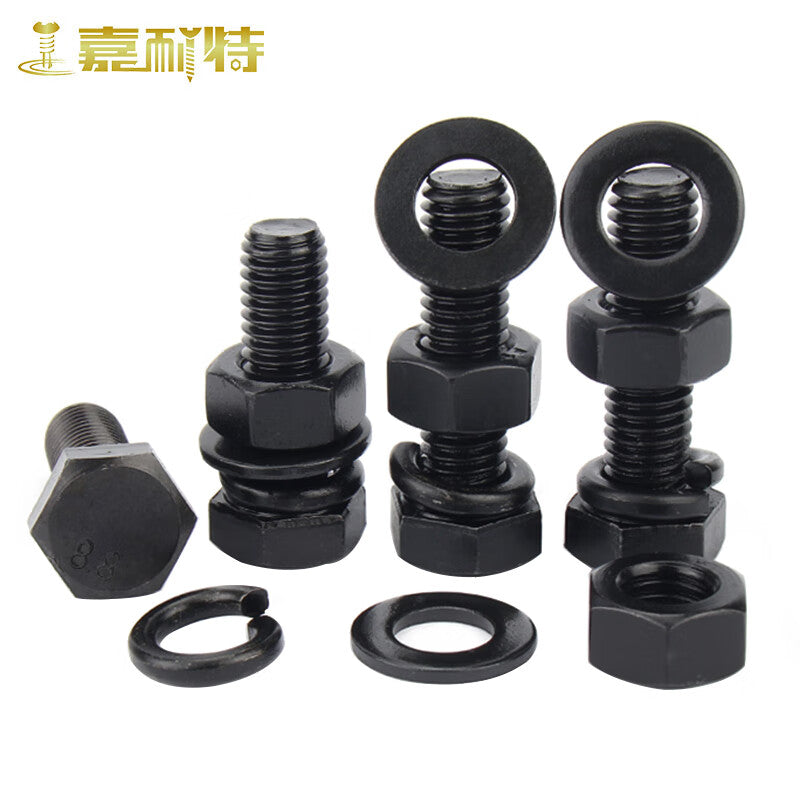 Jianet 8.8 grade blackened external hex bolt, screw and nut set, high strength flat washer and spring washer four-piece combination M12*70 (10 sets)