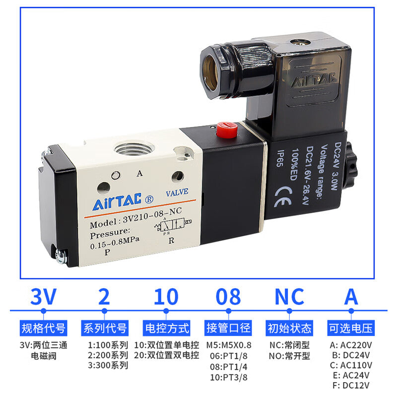 AirTAC internal pilot solenoid valve, 2-position 3-way normally open, single solenoid, DIN socket; 3V21008NOB