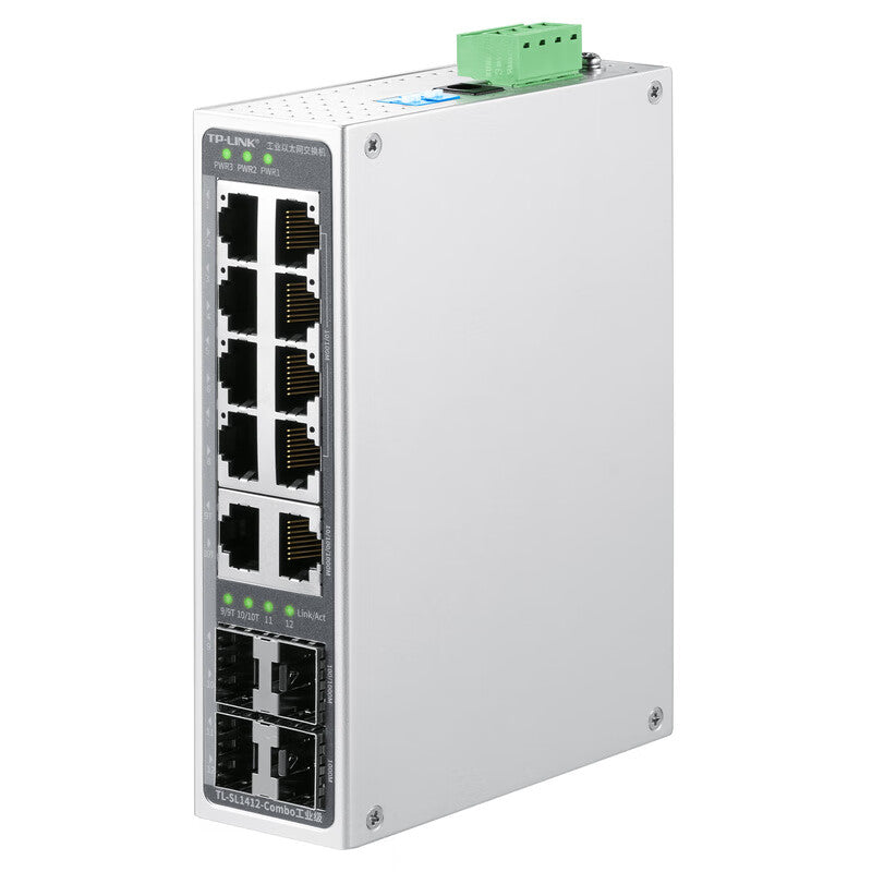 TP-LINK industrial Ethernet switch; TL-SL1412-Combo industrial grade, 8 100M RJ45 ports, 4 Gigabit SFP ports, 2 multiplexed Gigabit RJ45 ports, industrial grade operating temperature: -40℃~75℃ (85℃@180LFM)
