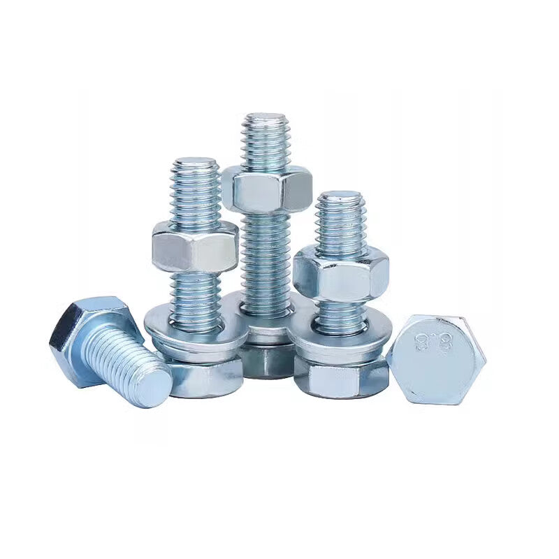 Deqi Blue and White Zinc Hex Head Bolts, Flat Spring Washer Nuts, Full Thread Four-Piece Combination Screws, Blue and White Zinc Hex Head Bolts M5*10 (30 pieces)