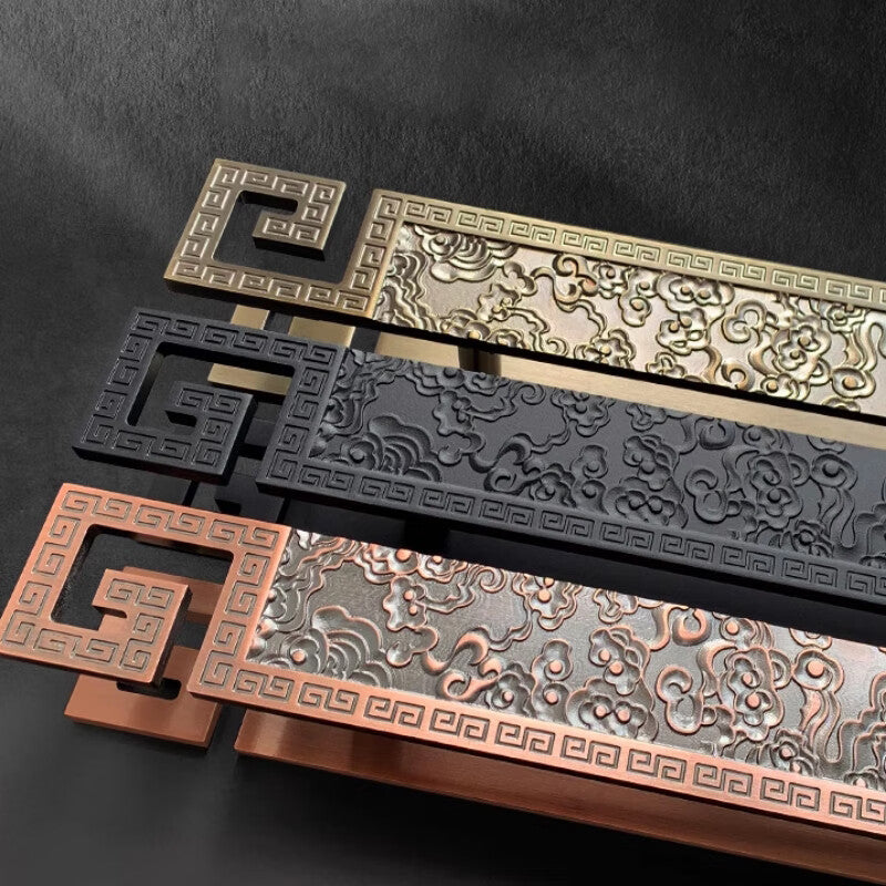 Deqi Antique Bronze Glass Door Handle, Chinese Auspicious Cloud Door Handle, Wooden Door Carved Pattern Handle, Style C - Fine Sand Black, Total Length 400mm * Hole Spacing 250mm