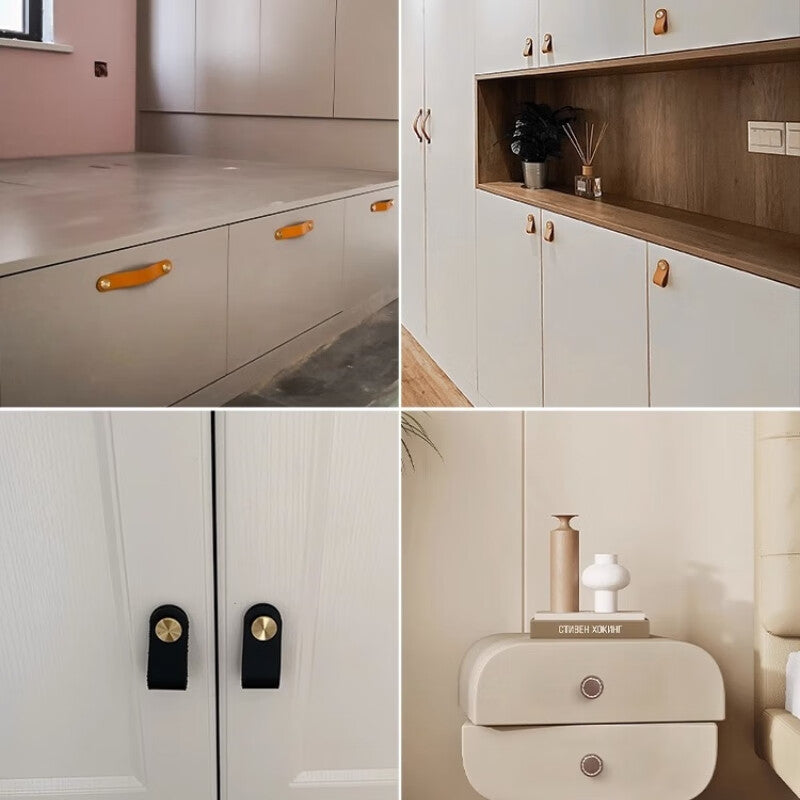 Shanhe Crafts Cowhide Cabinet Door Handles, Brass, Light Luxury Wardrobe, Drawer, Cabinet, Leather Kitchen Cabinet Anti-collision Handles, Off-white - Single Hole