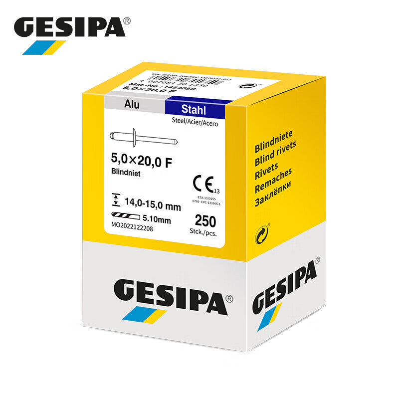 GESIPA 1454050 Standard Flat Round Head Blind Rivet 5.0 x 20.0 F "CE" 250 pieces/box