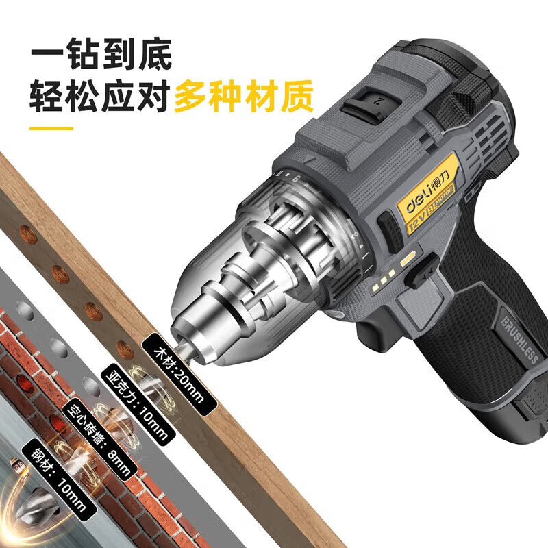 Deli Tools Home Improvement Grade Brushless Lithium Drill 12V 28N.m; DL-DZ12-S1D1 (two batteries and one charger)