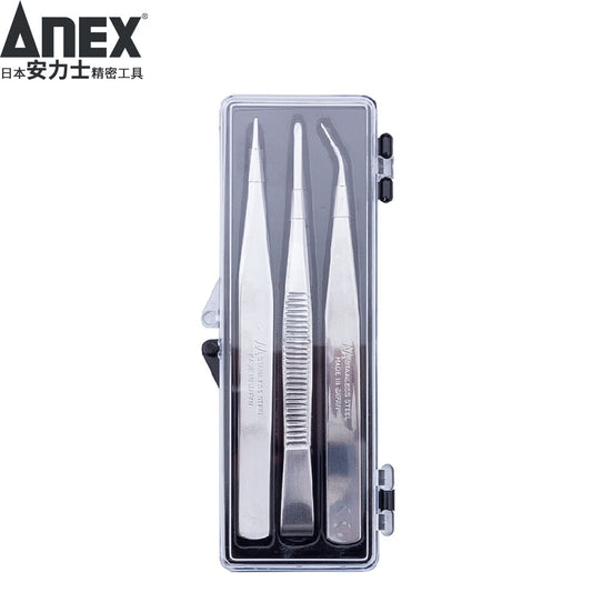 ANEX No. 1093 Precision Stainless Steel Tweezers, Component Clamping, Round-tipped, Pointed-tipped, Curved-tipped, High-Strength Tweezers Set (3 Pieces)